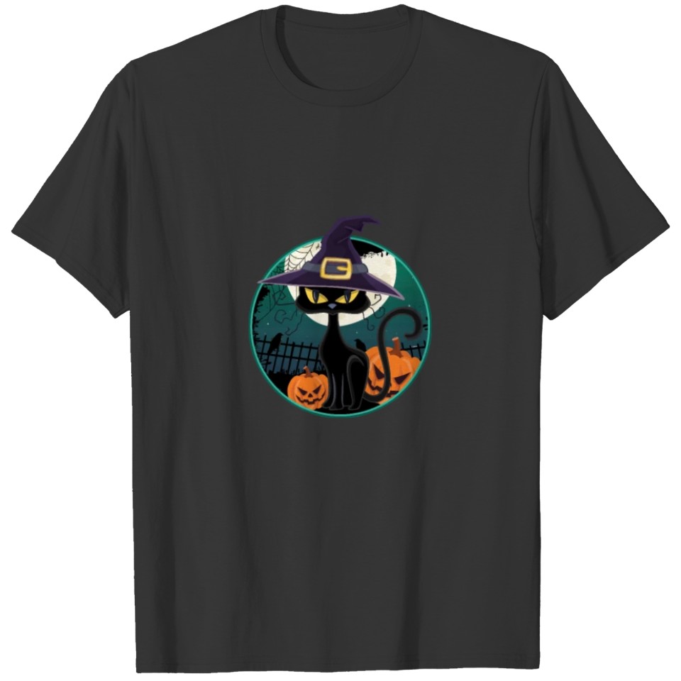 Awesome Cute Black Witch Cat Halloween Pumpkin T-shirt