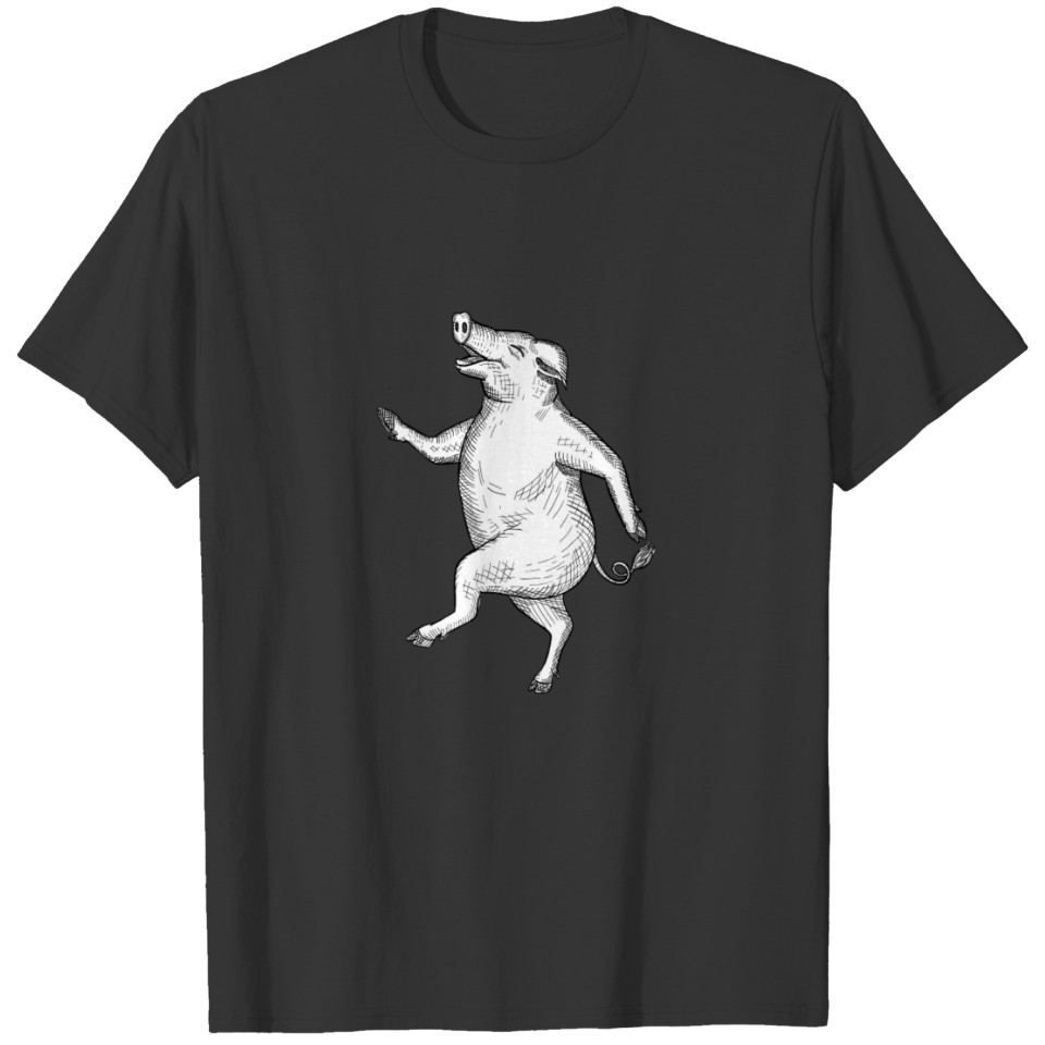 Happy Pig Dancing Drawing Retro Black and White T Shirts