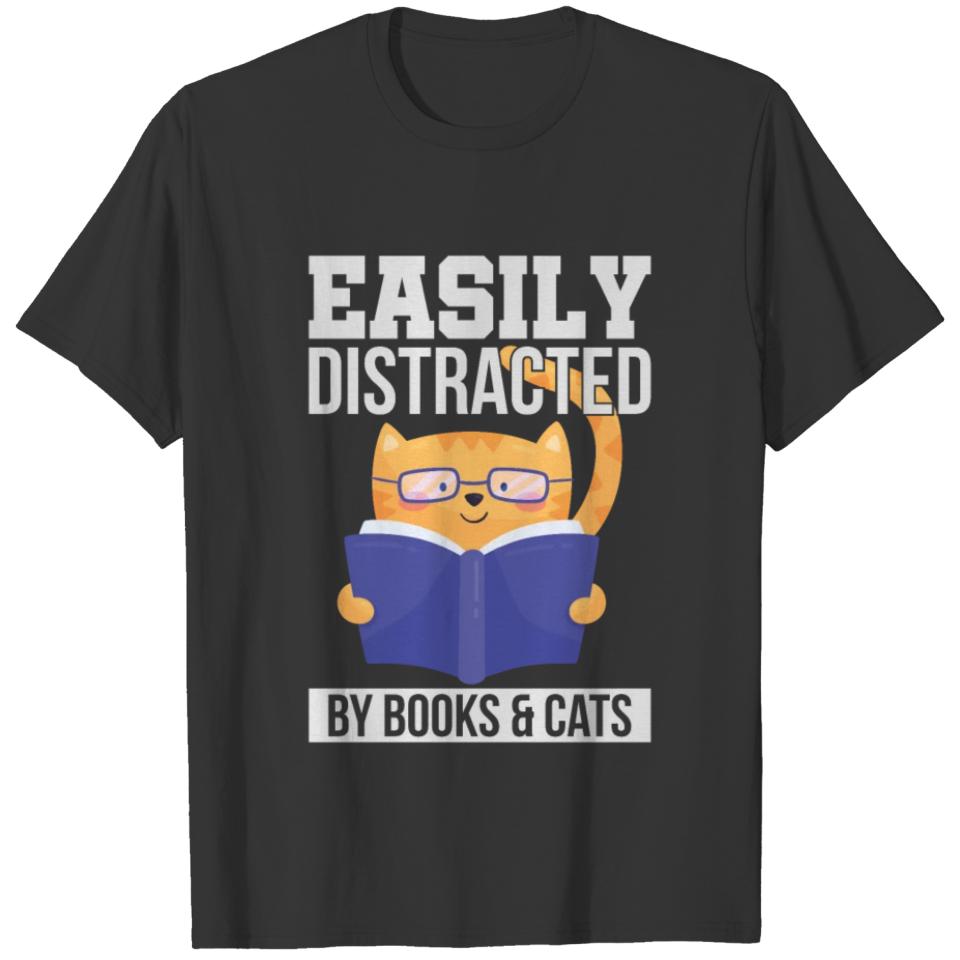 Easily Distracted By Books And Cat T-Shirt Cat Tee T-shirt