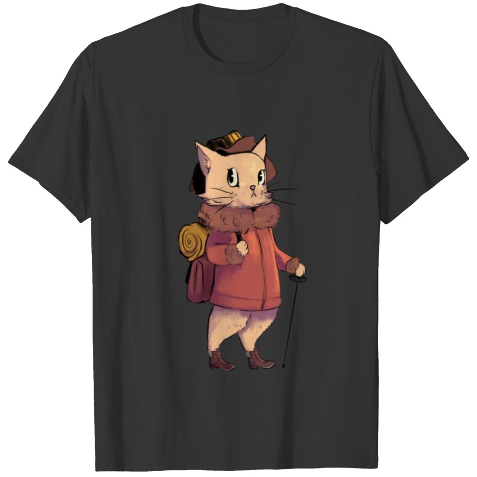 Cat hiking backpack hiking stick T-shirt