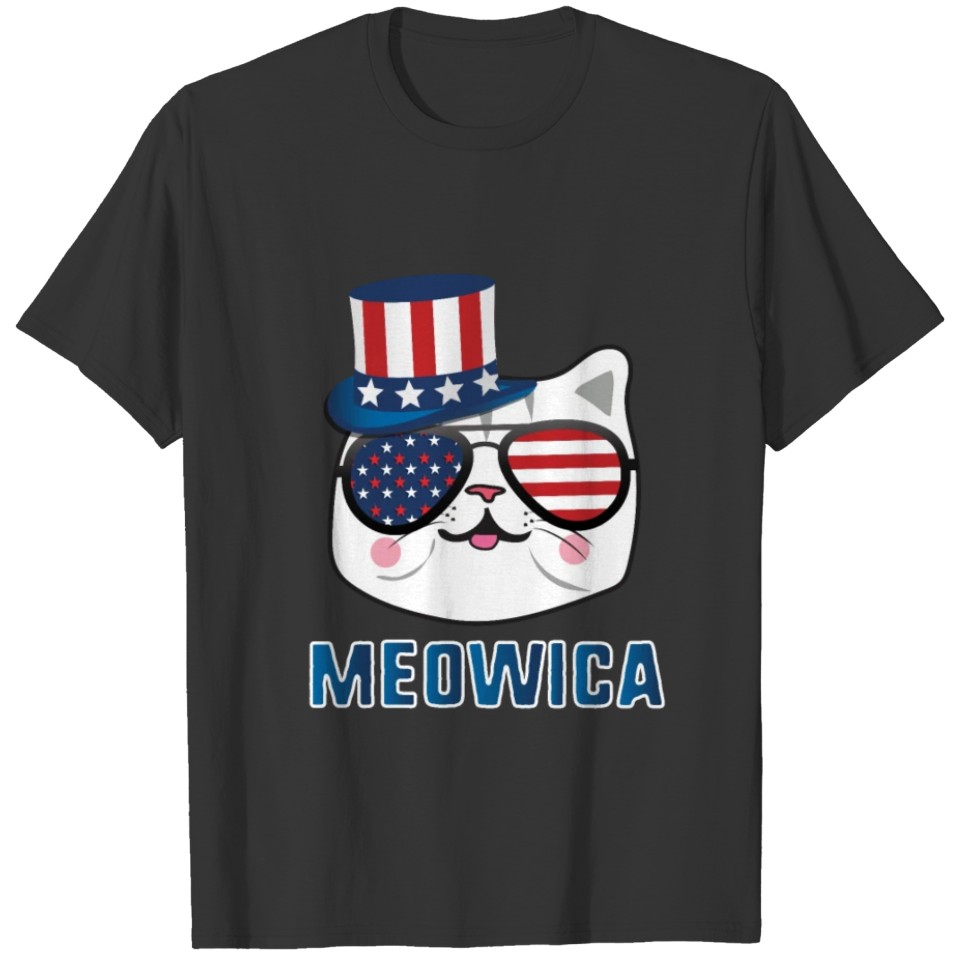 Meowica Cat Uncle Sam Hat USA American Flag Funny T-shirt