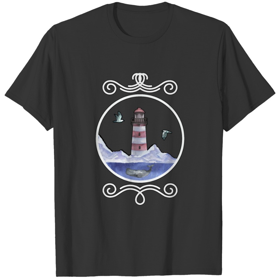 Lighthouse, sea, blue whale, seagulls North Sea T Shirts