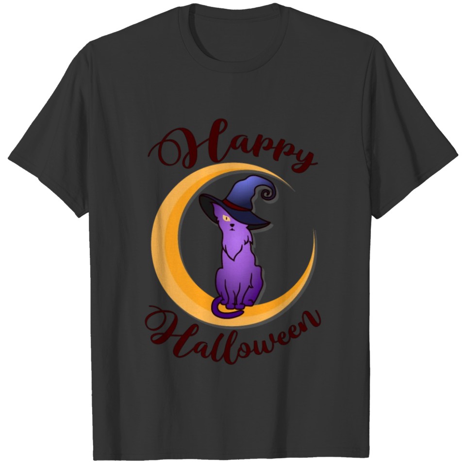 HAPPY HALLOWEEN Scary Funny Purple Cat Witch Hat T Shirts