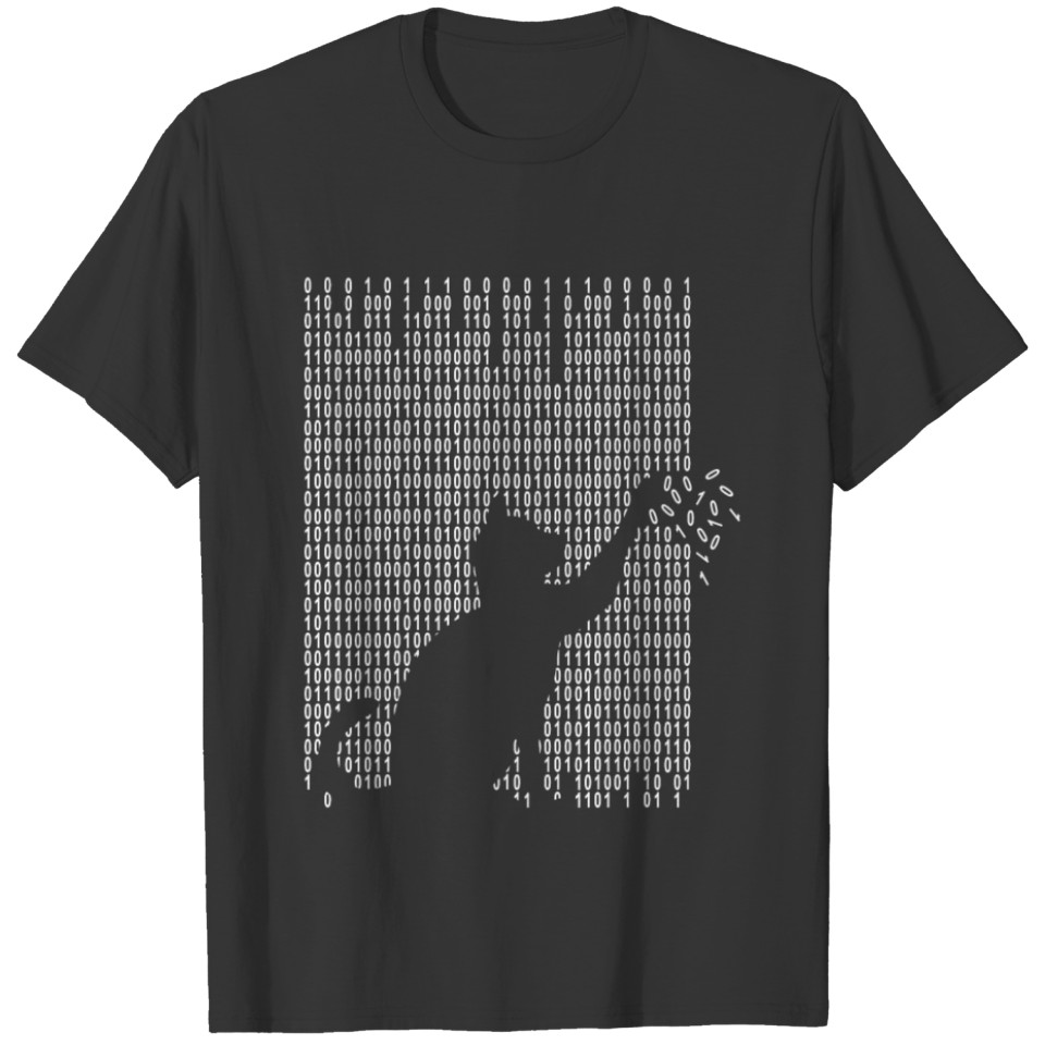 Cat is playing with the Binarycode T-shirt