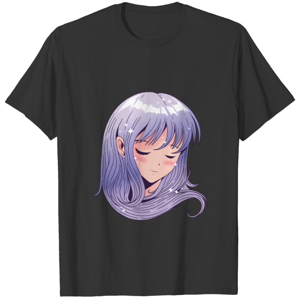 Anime head girl with blue shining hair and glitter T Shirts