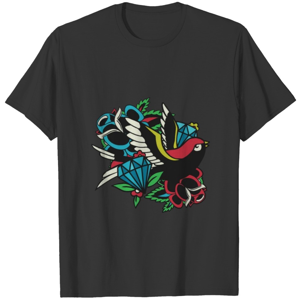 Bird diamonds tattoo with flowers T-shirt
