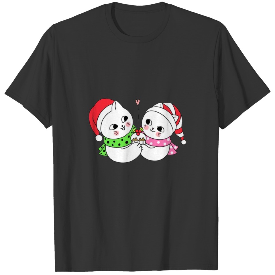 Cartoon cute Christmas couple cats and cupcake T-shirt