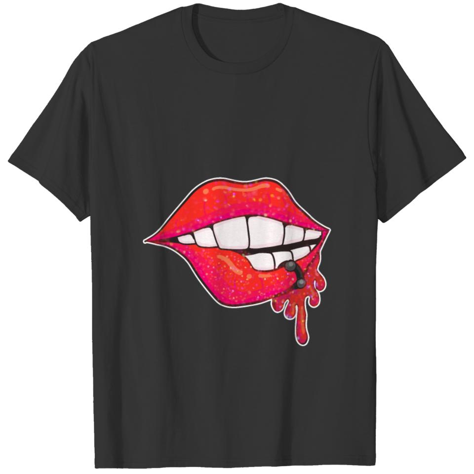 Glittery Lip Bloody Pierced Punk Rock T-shirt