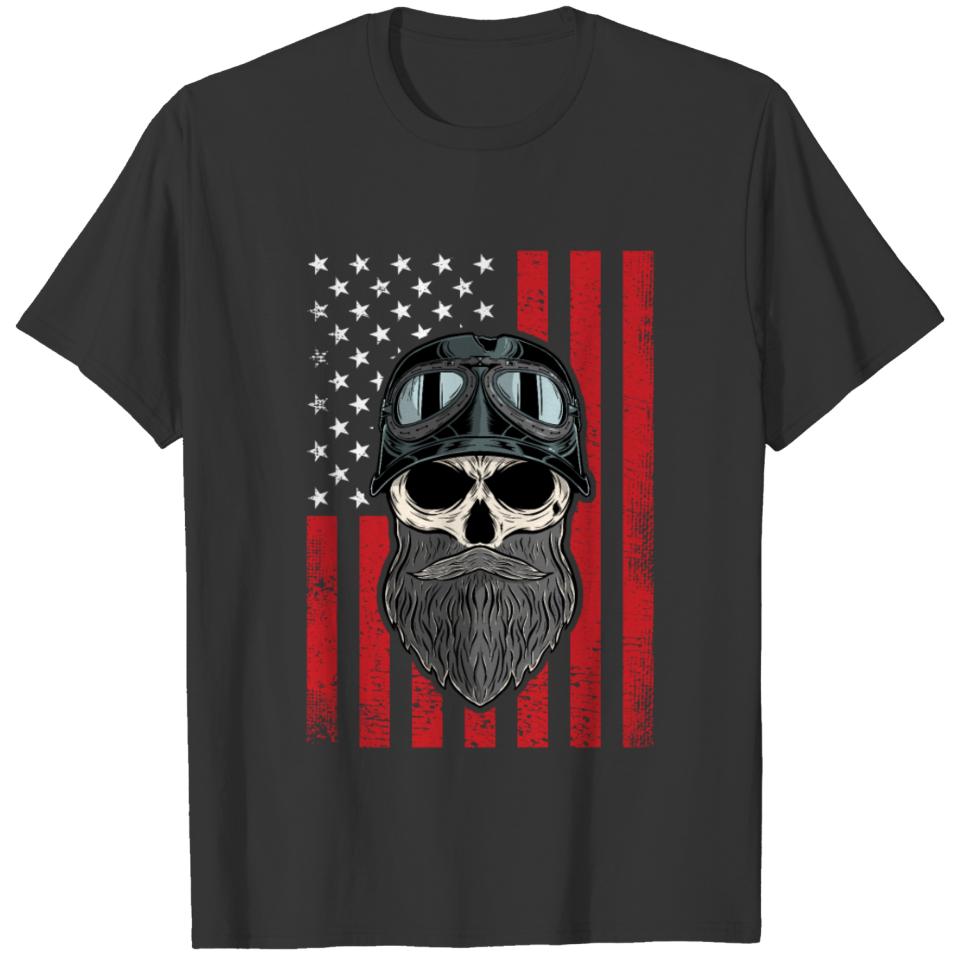 Vintage Biker Skull Helmet American Flag T-shirt