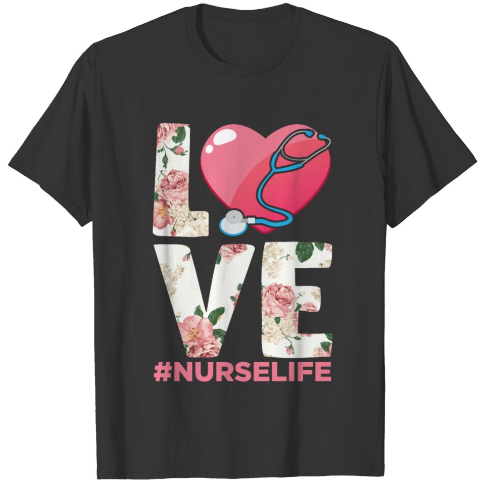 RN Nurse Life Flower Paramedic Stethoscope Heart T Shirts