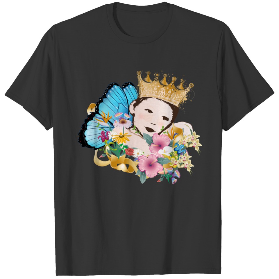 Child with crown, butterfly wing and flowers T-shirt
