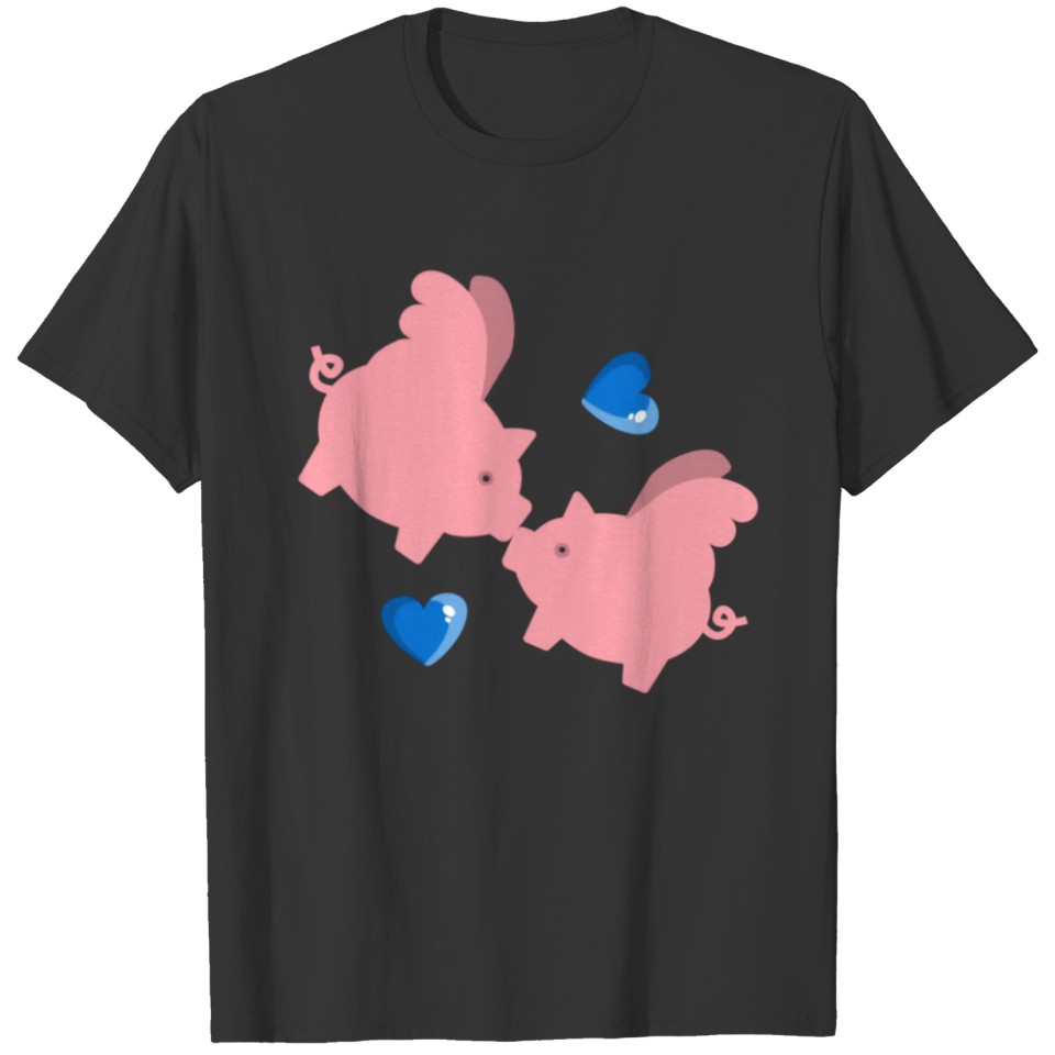 Kissing pigs flying hearts wings pink piggie T-shirt