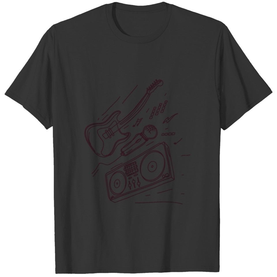 dj set with electric guitar, microphone, turntable T-shirt