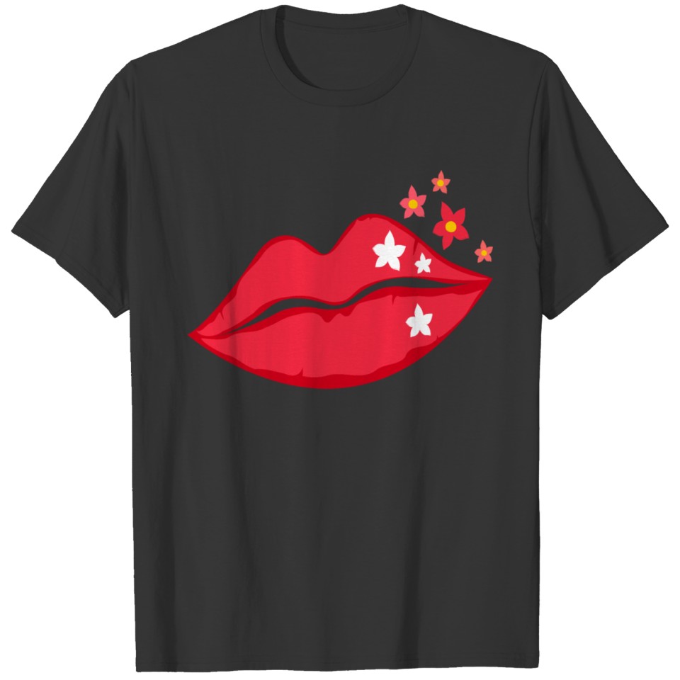 Red Lips Kissing Mouth Flower Pattern T Shirts