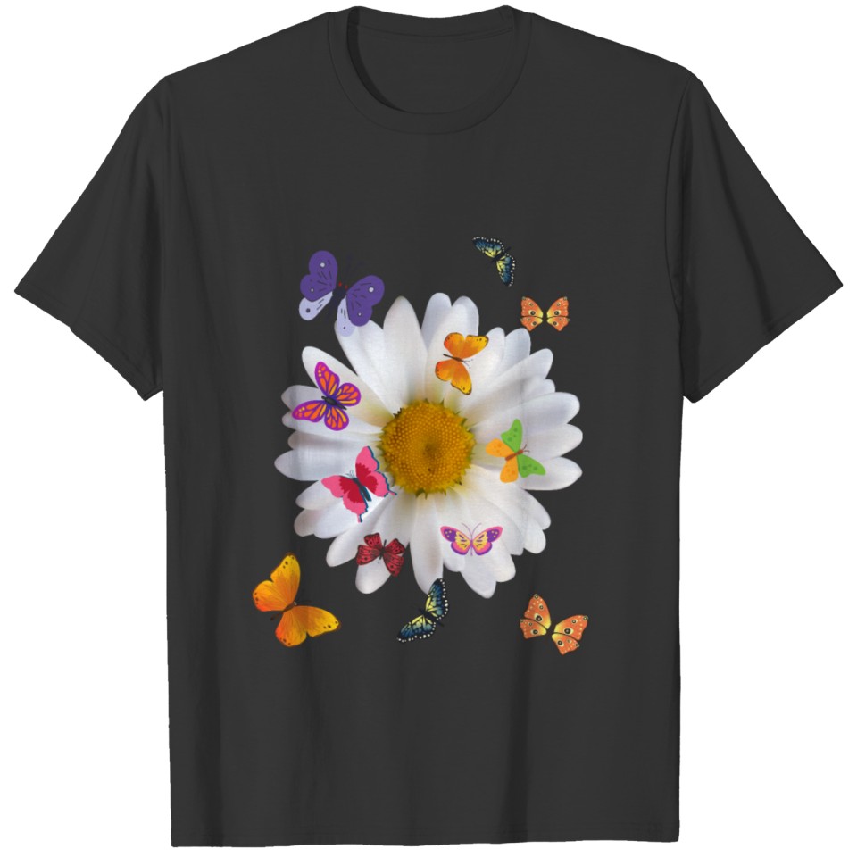 White daisy & Many Butterflies. Beautiful T Shirts.