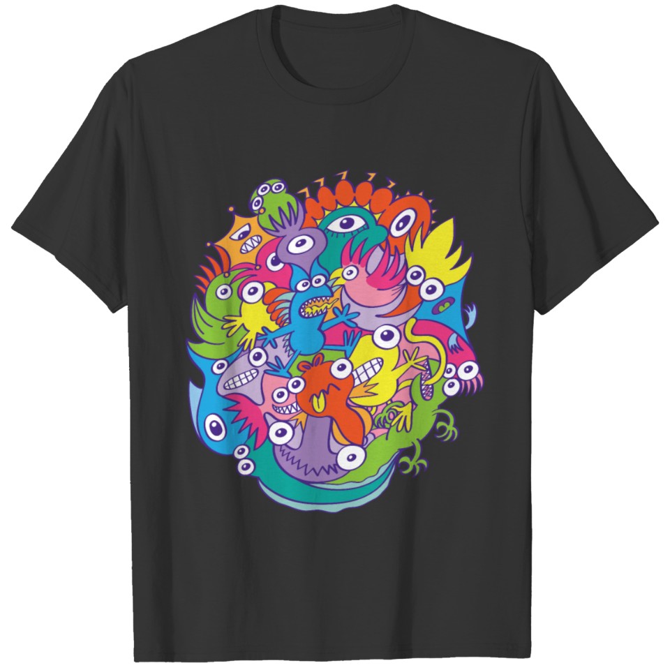 Colorful funny monsters parade in doodle art style T-shirt
