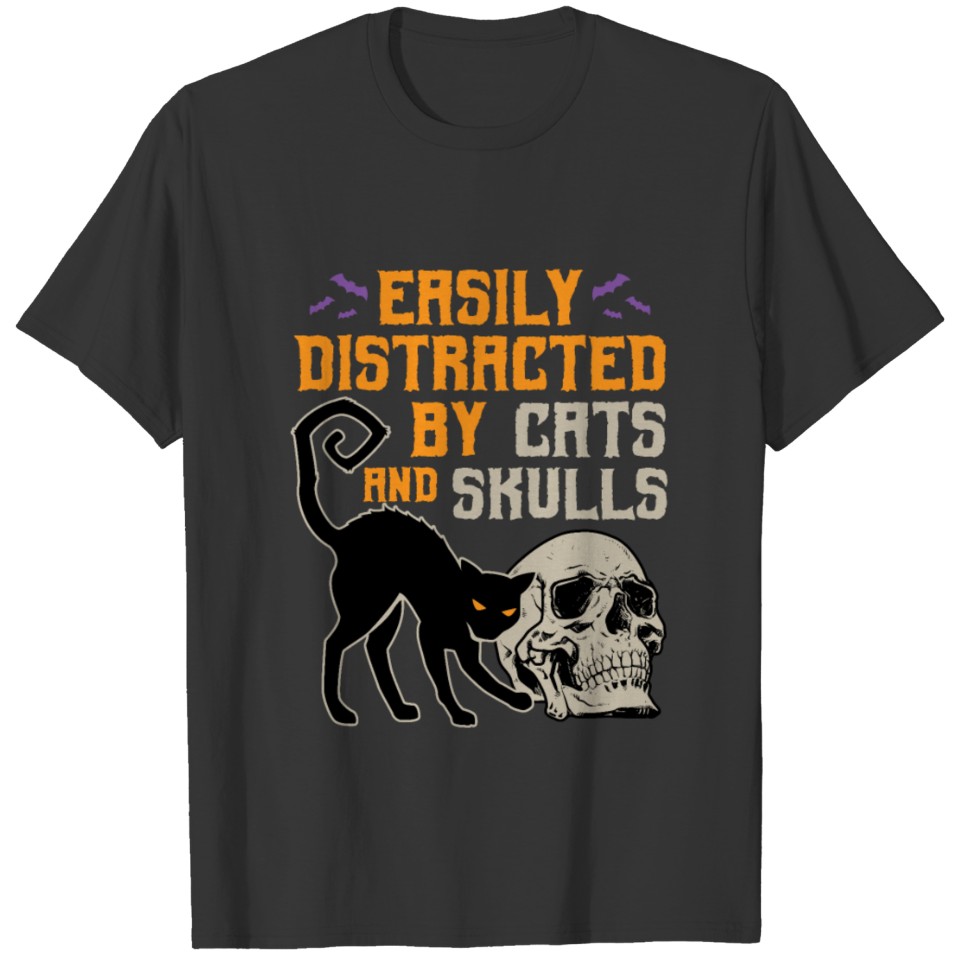Black Cat Halloween Easily Distracted Cats Skulls T-shirt