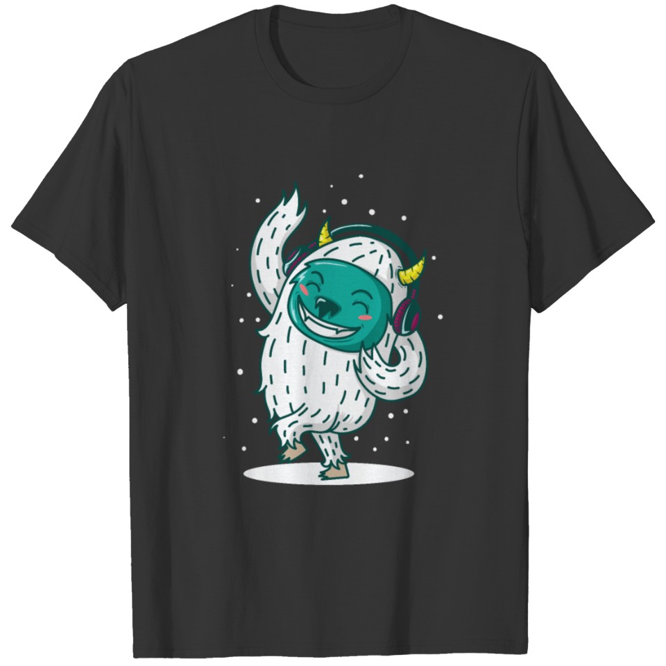 Yeti monster listens to music and dances in winter T-shirt