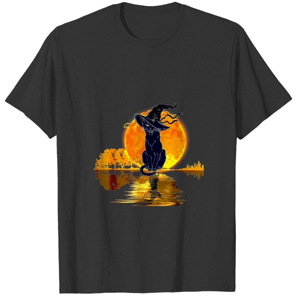 Vintage Halloween Scary Black Cat Witch Hat Moon T Shirts