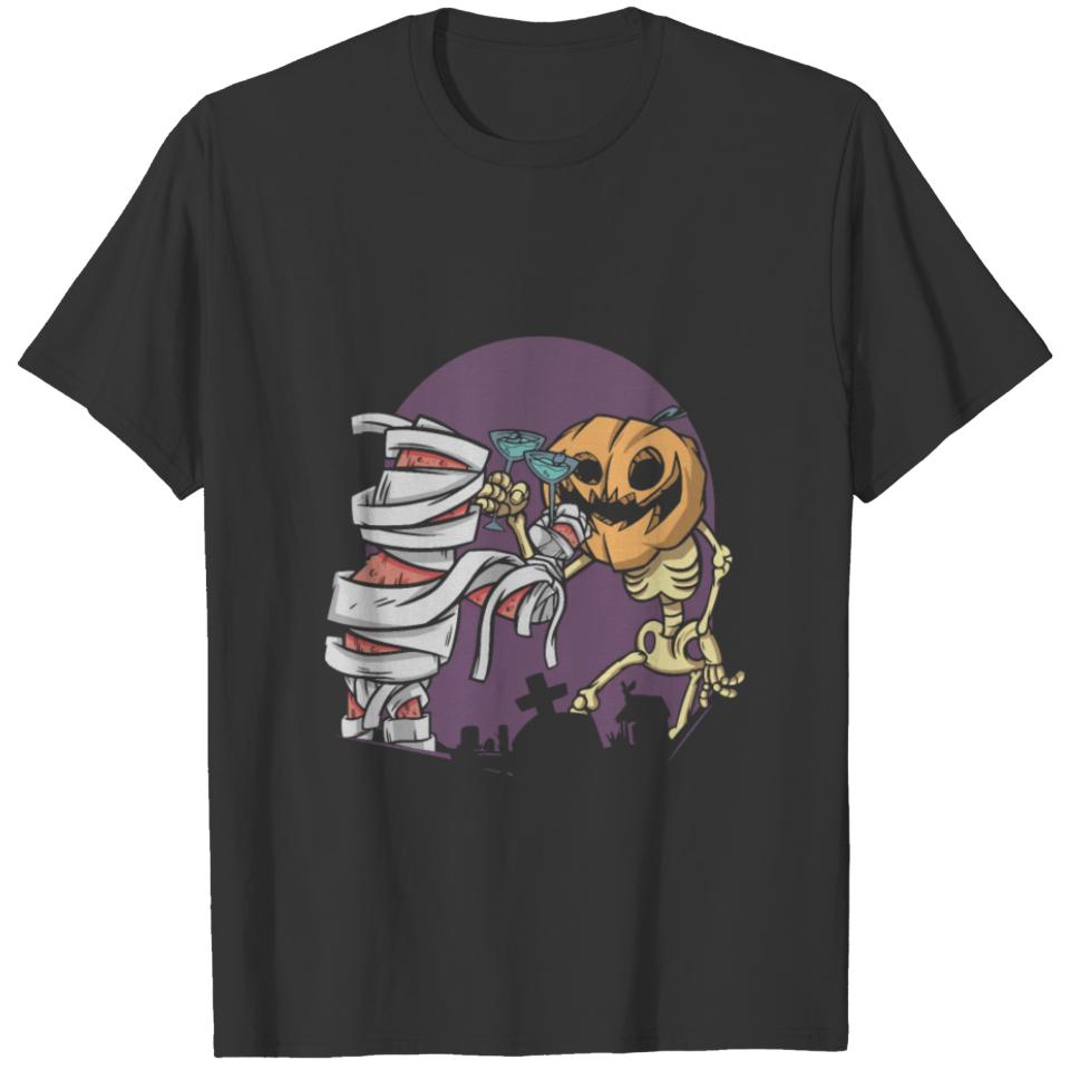 Mummy with skeleton cheers Happy Halloween T-shirt