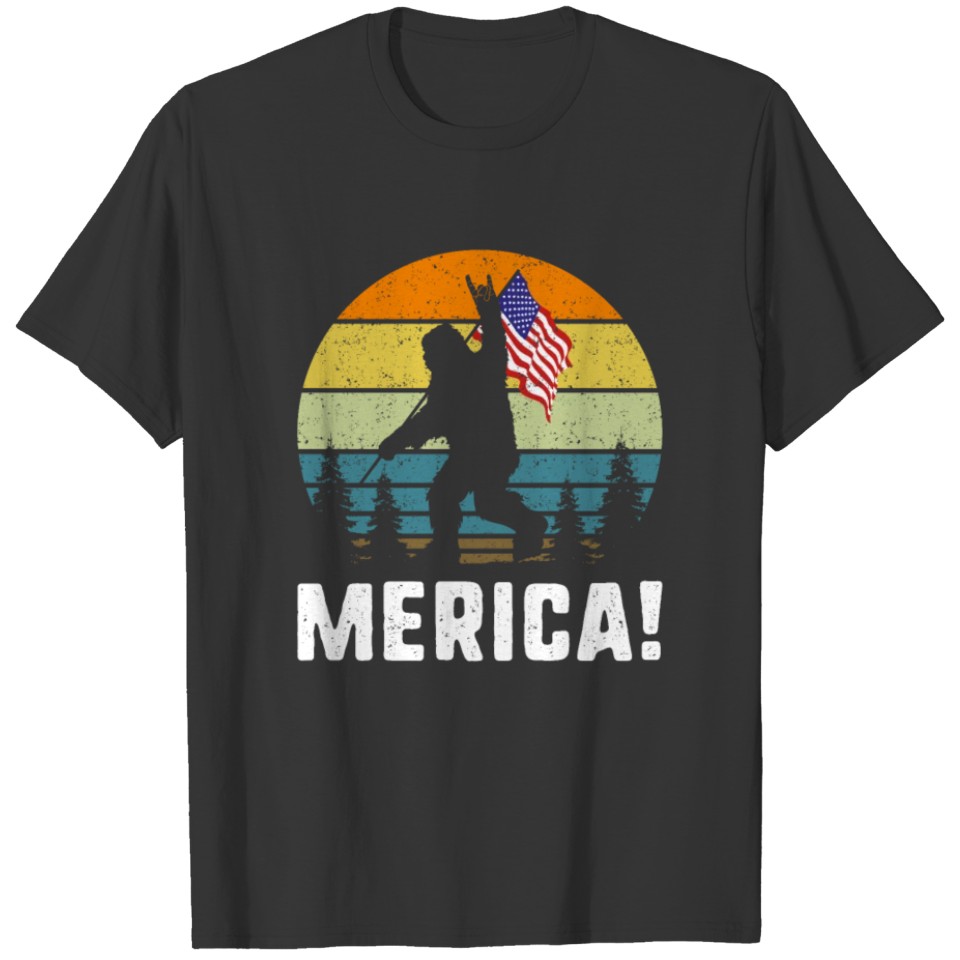 Bigfoot Merica Rock and Roll USA Flag Funny Forest T Shirts