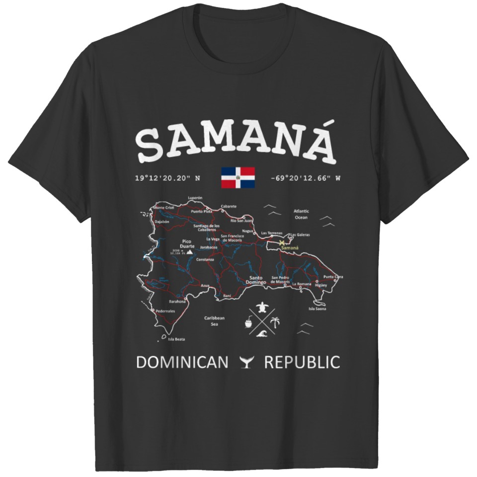 Dominican Republic Map Flag Travel Samana GPS T-shirt