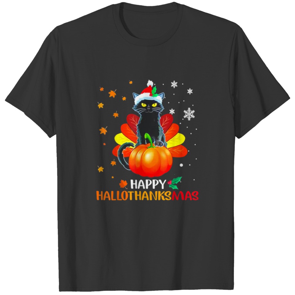 Black Cat Halloween and Merry Christmas Happy T-shirt
