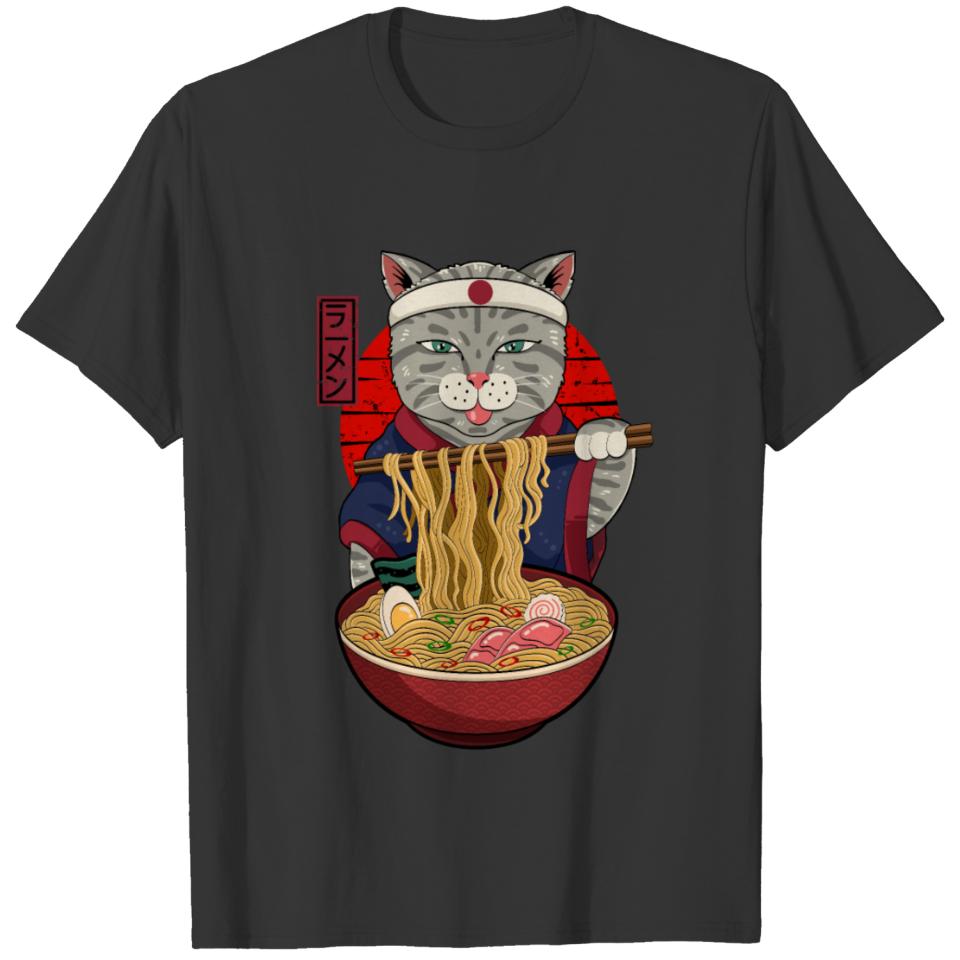 Kawaii Cat eat ramen noodle funny Japanese culture T Shirts
