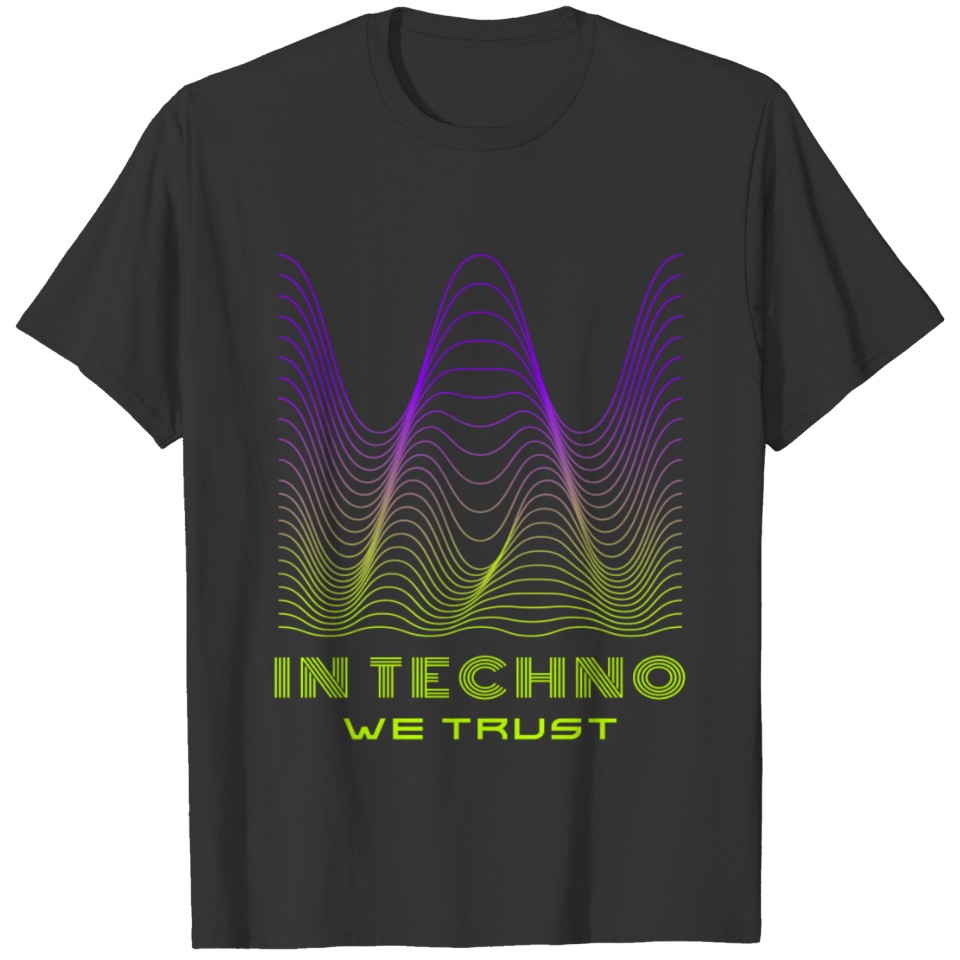 IN TECHNO WE TRUST NEON GREEN PURPLE SOUND WAVES T-shirt