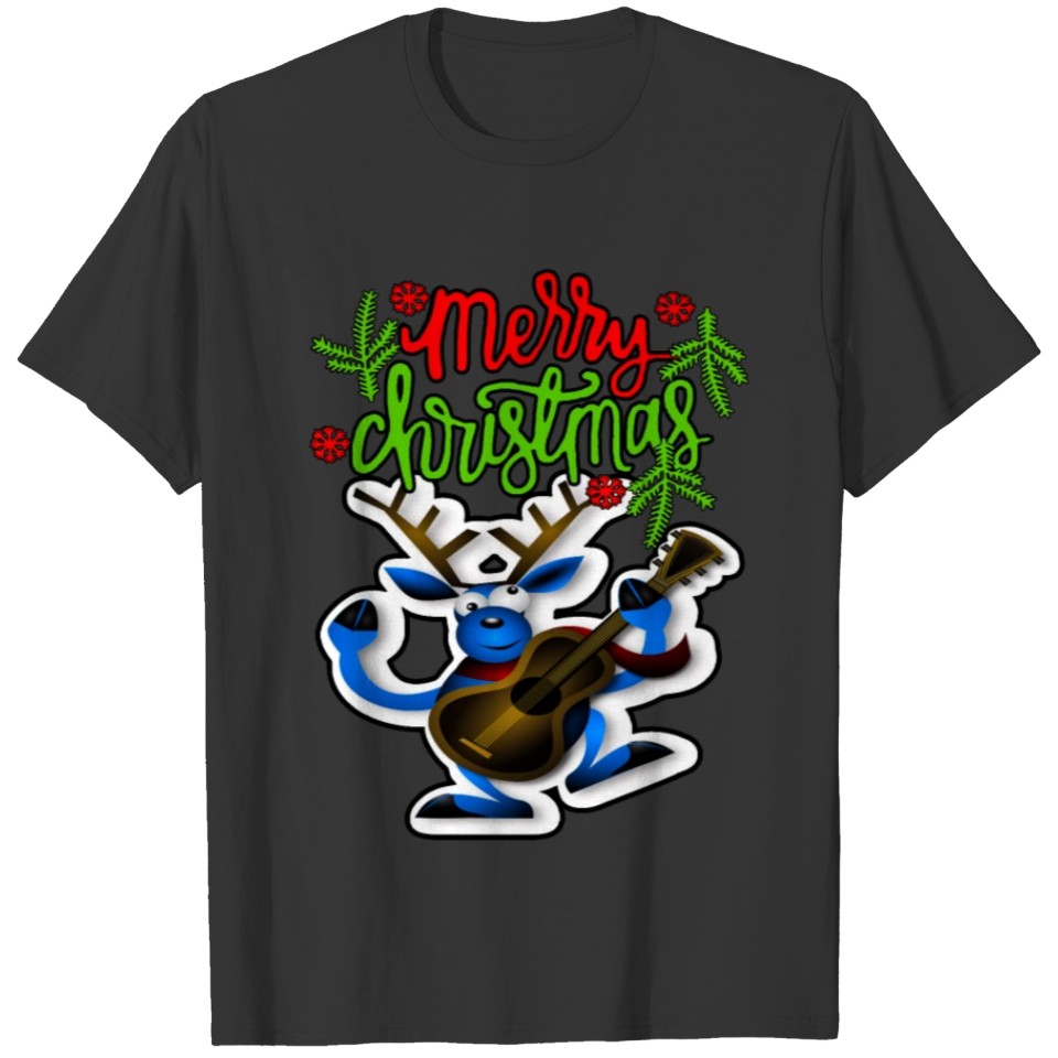 Merry Christmas Cute Deer Cartoon with a Guitar T-shirt