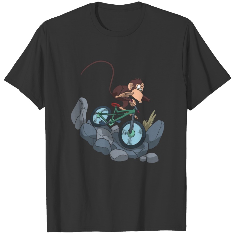 Monkey on mountain bike downhill on rocks T-shirt