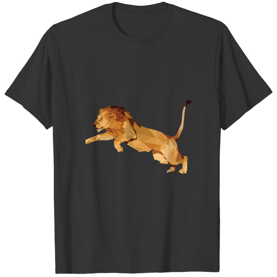 Jumping polygon lion in bright colors attacking T-shirt
