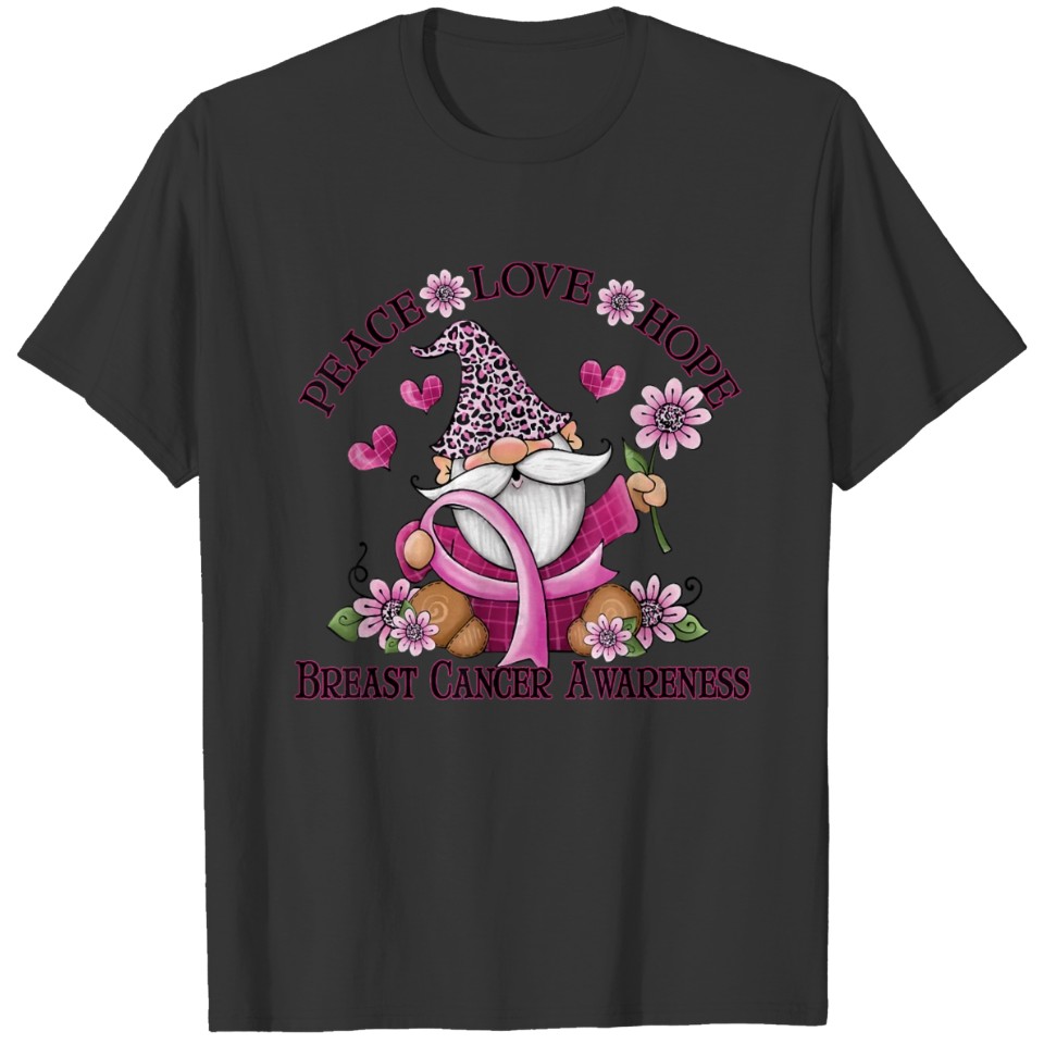 Funny Gnomes Ribbon Flower Breast Cancer T-shirt