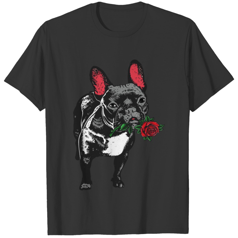 French Bulldog With Red Rose Valentines Day T Shirts