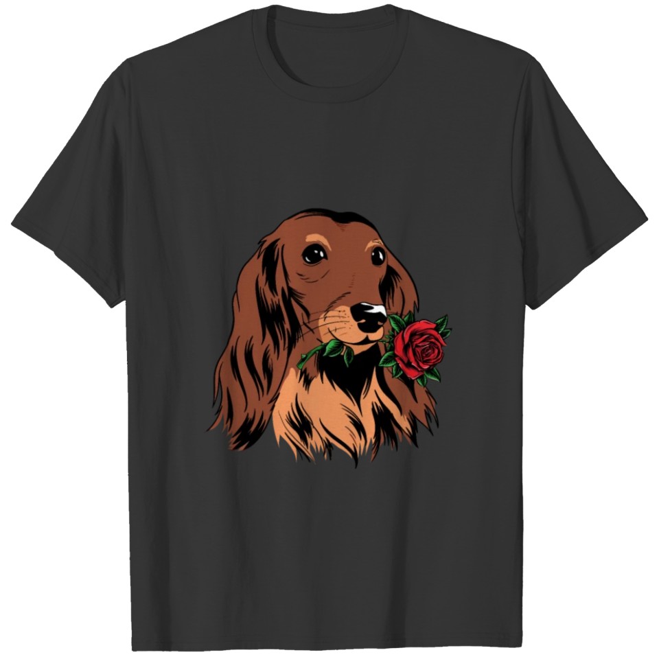 Dachshund Long Hair With Red Rose T-shirt