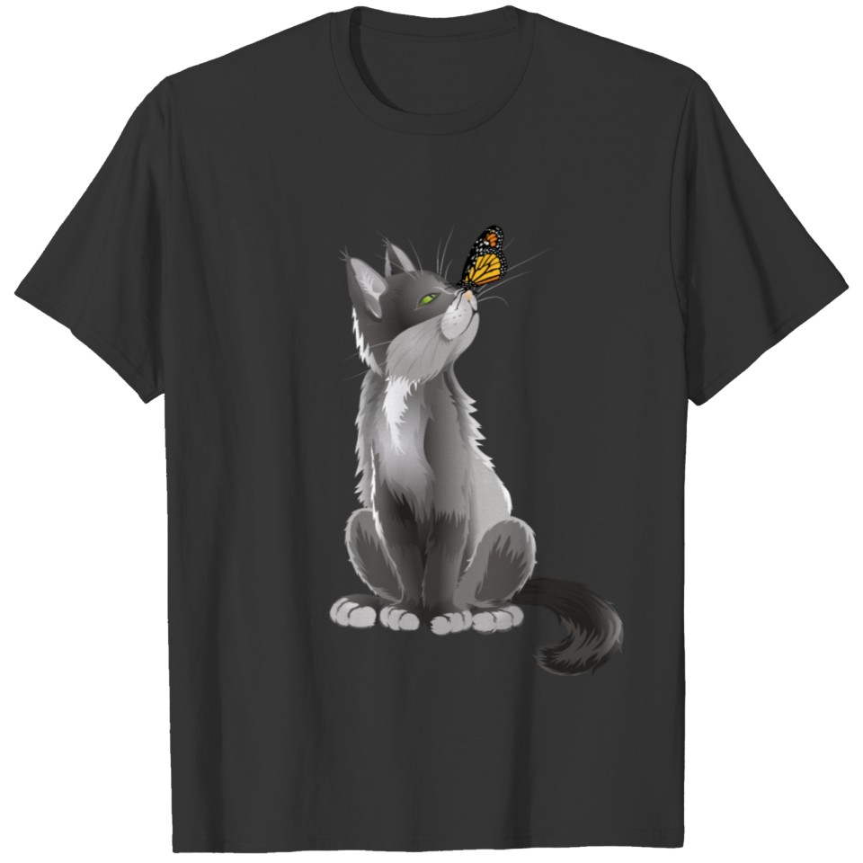 cute cat with colorful butterfly on nose T Shirts