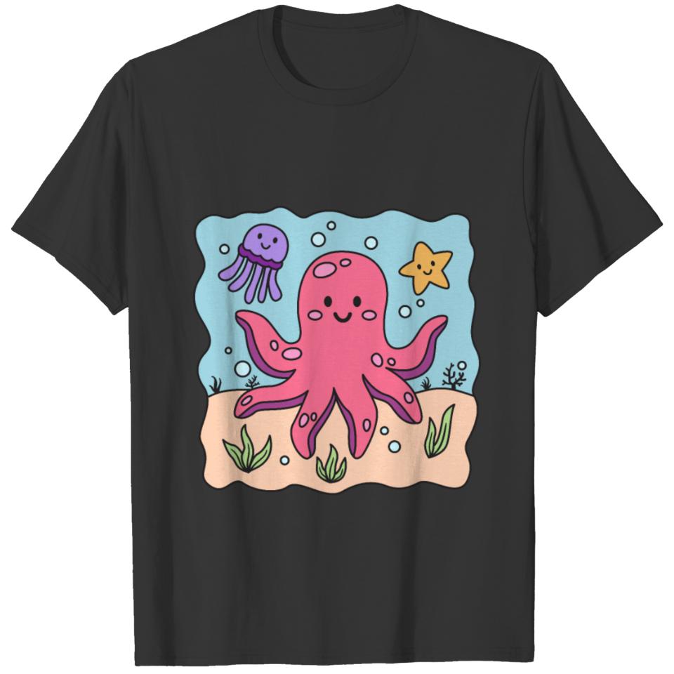 Squid Water Comic Jellyfish Starfish T-shirt