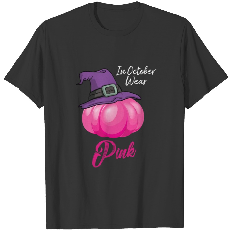 October Wear Pink Halloween Witch Pumpkin Breast T Shirts