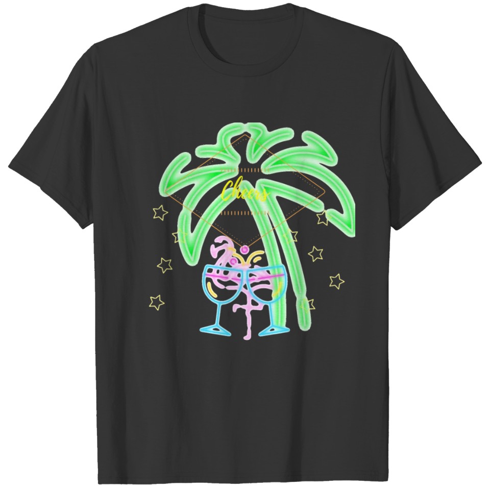 Cheers, pink flamingo, palm tree T-shirt