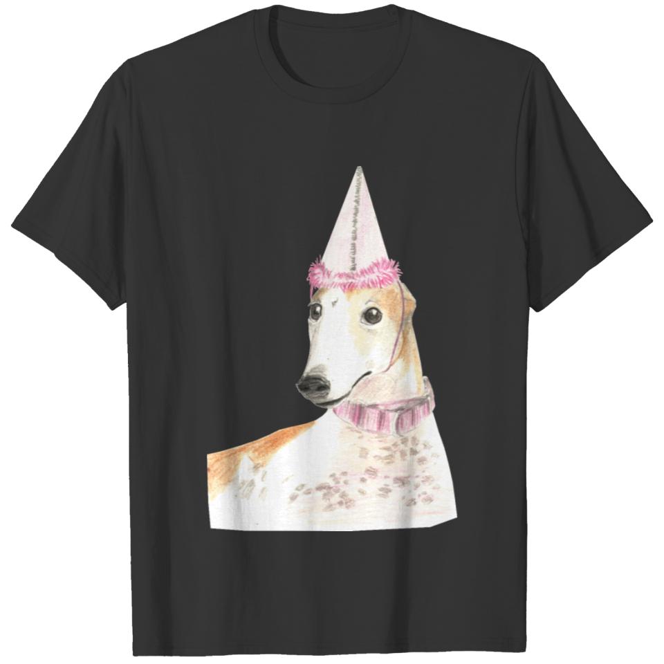 Bunny Greyhound Dog with a Pink Bday Party Hat T-shirt