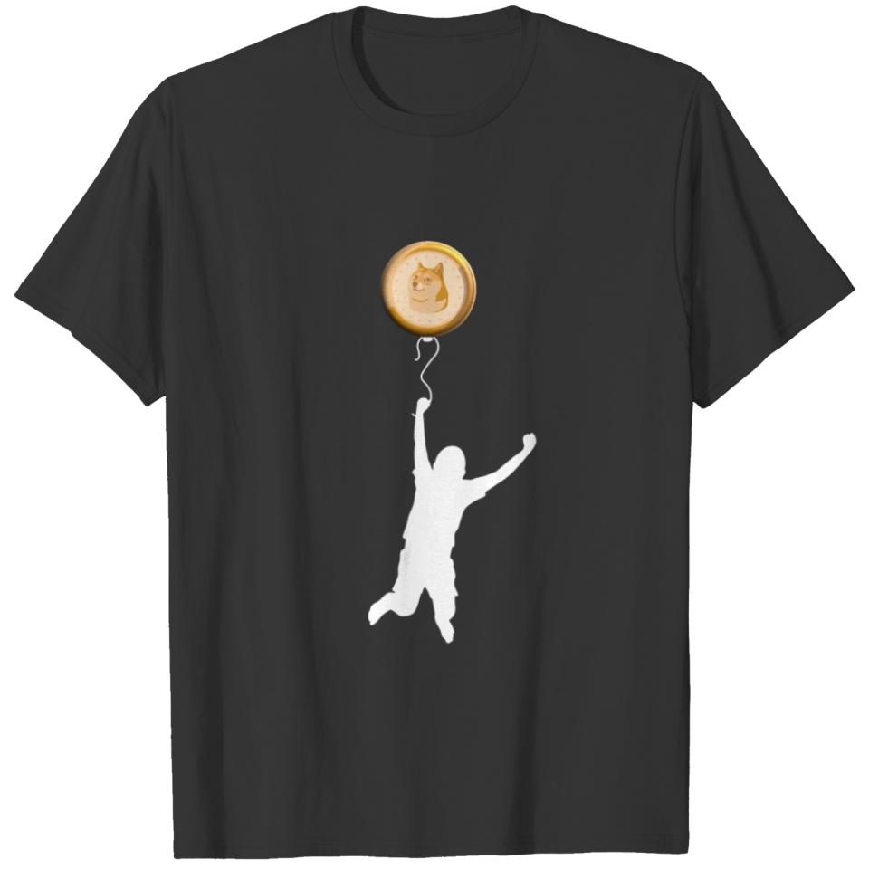 Kid Hanging From Dogecoin Balloon Cryptocurrency T-shirt