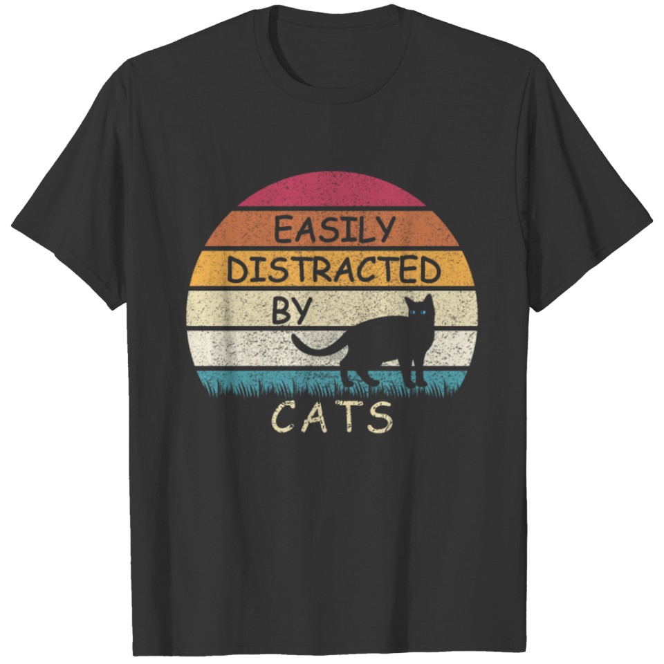 vintage retro sunset easily distracted by cats T-shirt