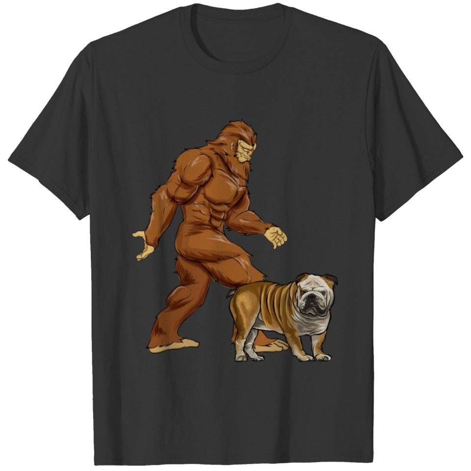 Funny Bigfoot Walking Bulldog Sasquatch Dog T Shirts