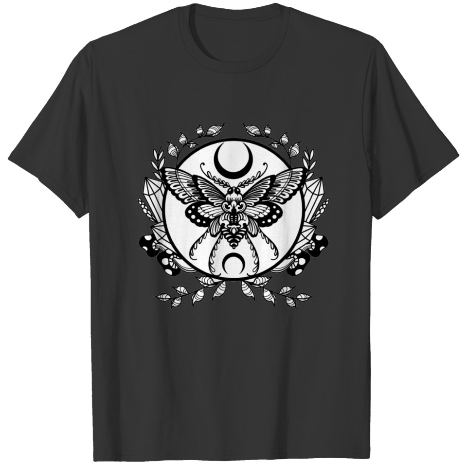 Wicca symbol black moon with insect and crystals T-shirt