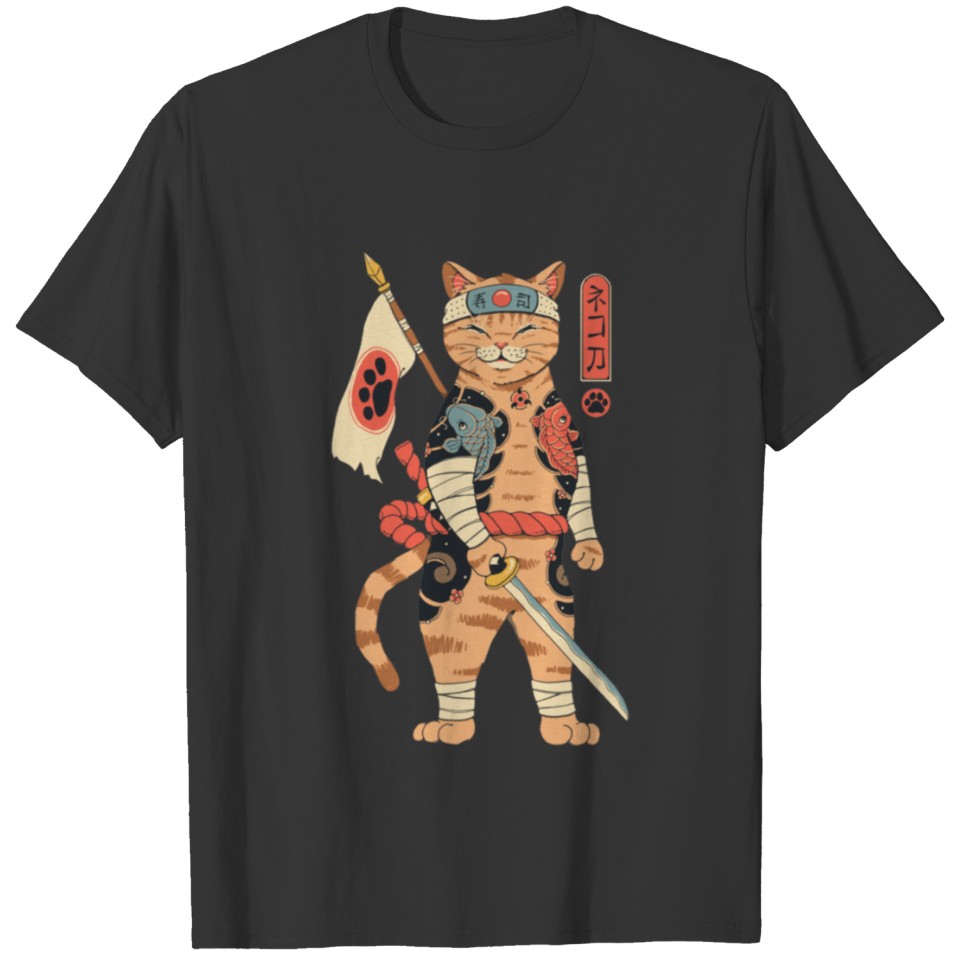 Neko Shogun Japanese Katana Cat Koi Fish Tattoo T-shirt