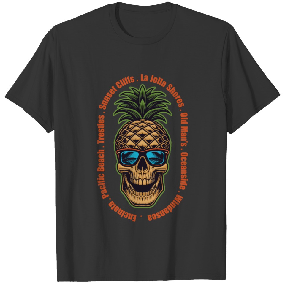San Diego Beaches Surf Points Pineapple Skull T-shirt