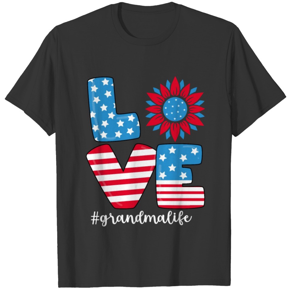 Love Grandma Life Sunflower US Flag 4th of July T-shirt