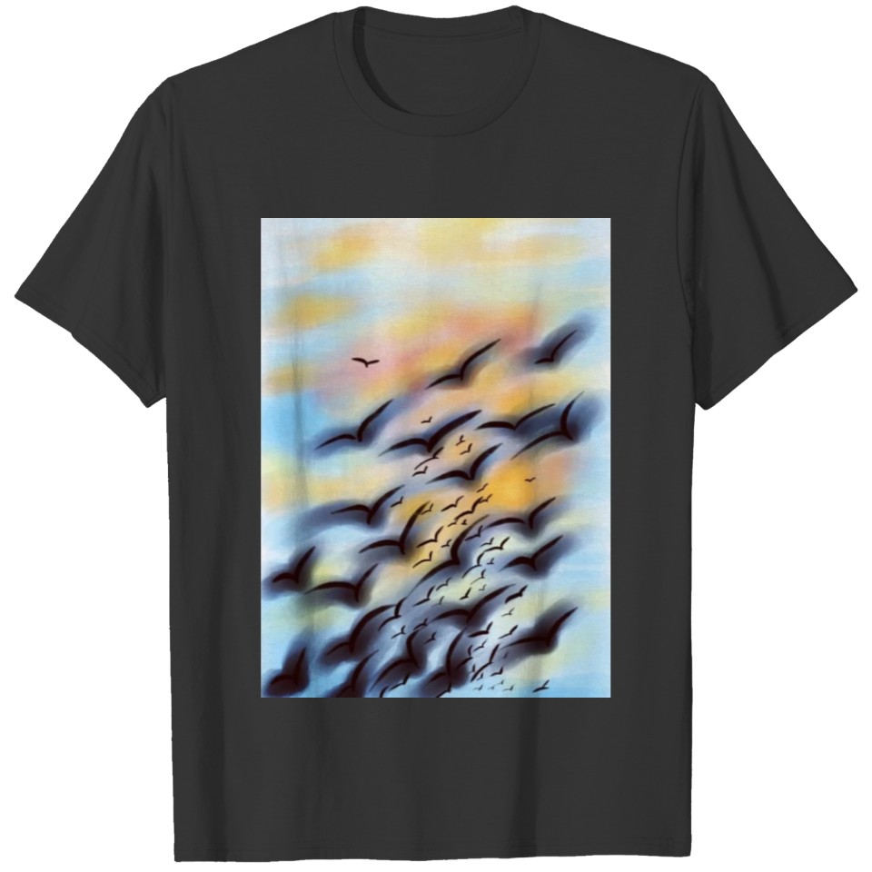 Gull colony flying in the beautiful sunrise sky T-shirt