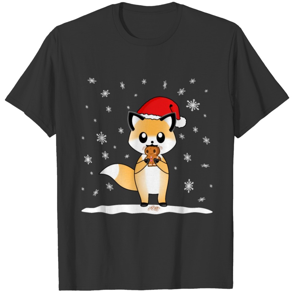 A Cute Fox With A Christmas Cap Eats A Cookie In T-shirt