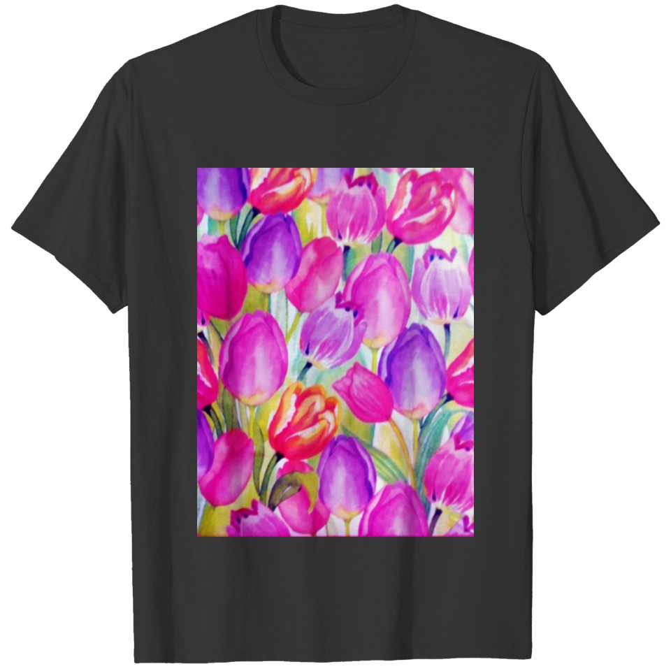 Watercolor Floral with Pink and Purple Tulips T Shirts